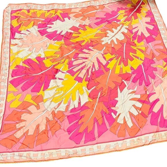 EMILIO PUCCI SILK SQUARE LUXURY
SCARF ABSTRACT LEAVES PRINT PINK/Orange - Picture 1 of 4